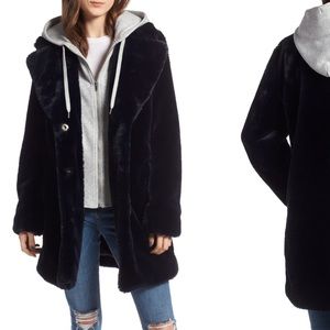 Kendall + Kylie Faux Fur Dark Blue Jacket w/ Hood